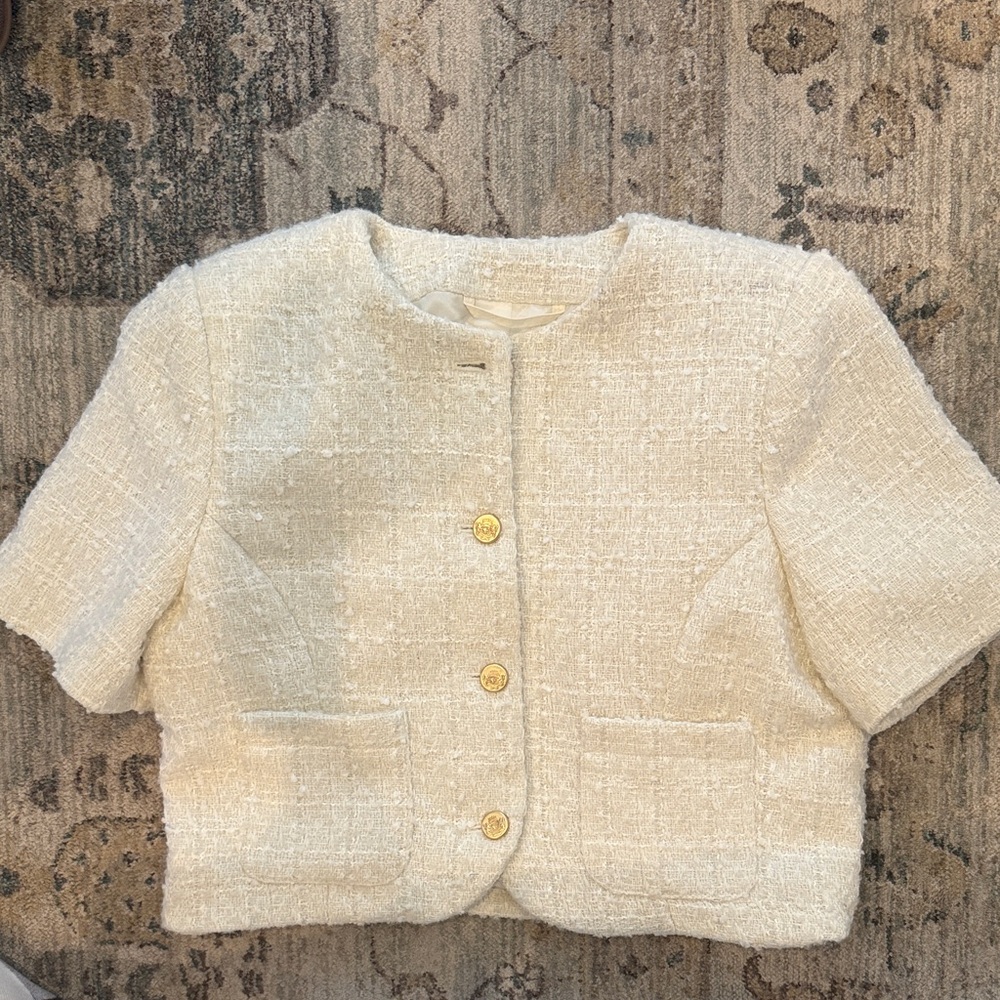 Abercrombie & Fitch Cream Short Sleeve Tweed Jacket with Gold Buttons